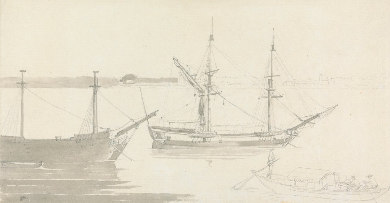 Two Moored Ships and a Fishing Boat by Thomas Daniell