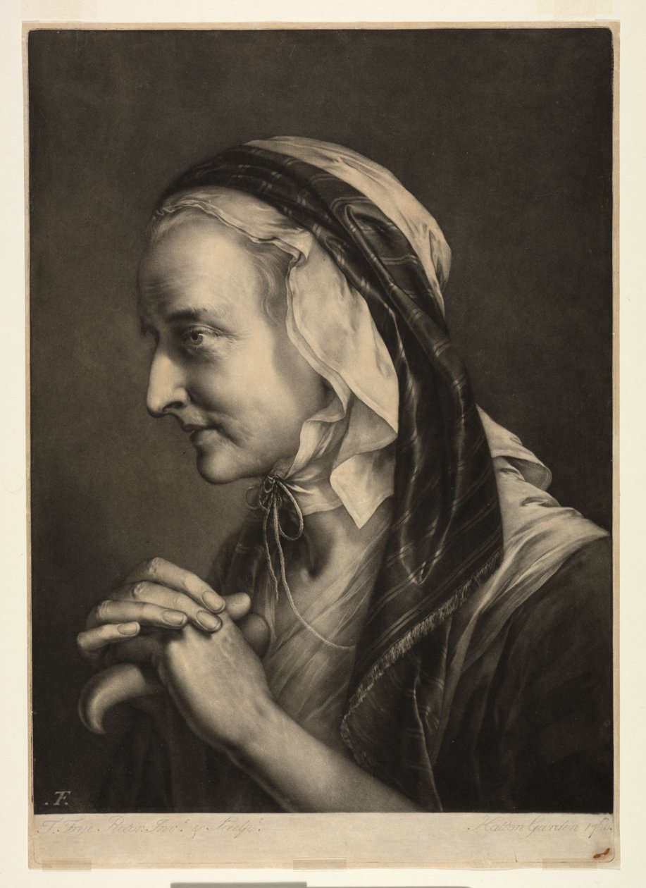 Old woman leaning on crutch by Thomas Frye