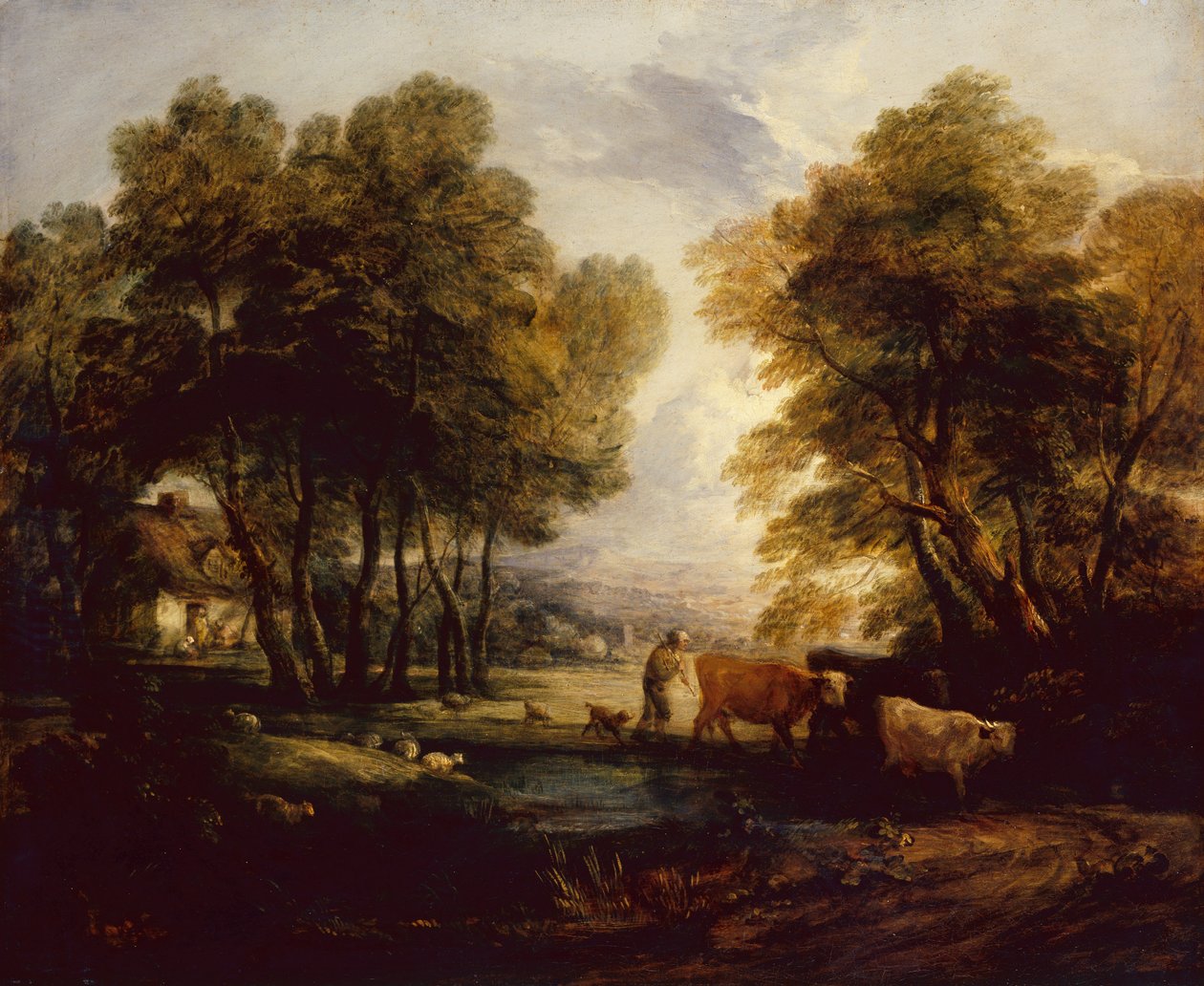 A Wooded Landscape with Herdsman, Cows and Sheep near a Pool by Thomas Gainsborough
