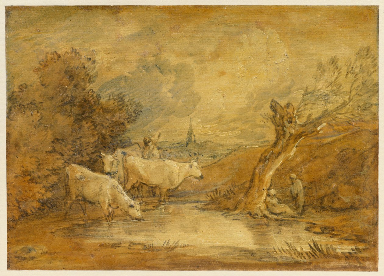 Landscape with Figures, Herdsman and Cattle at a Pool, and Distant Church by Thomas Gainsborough