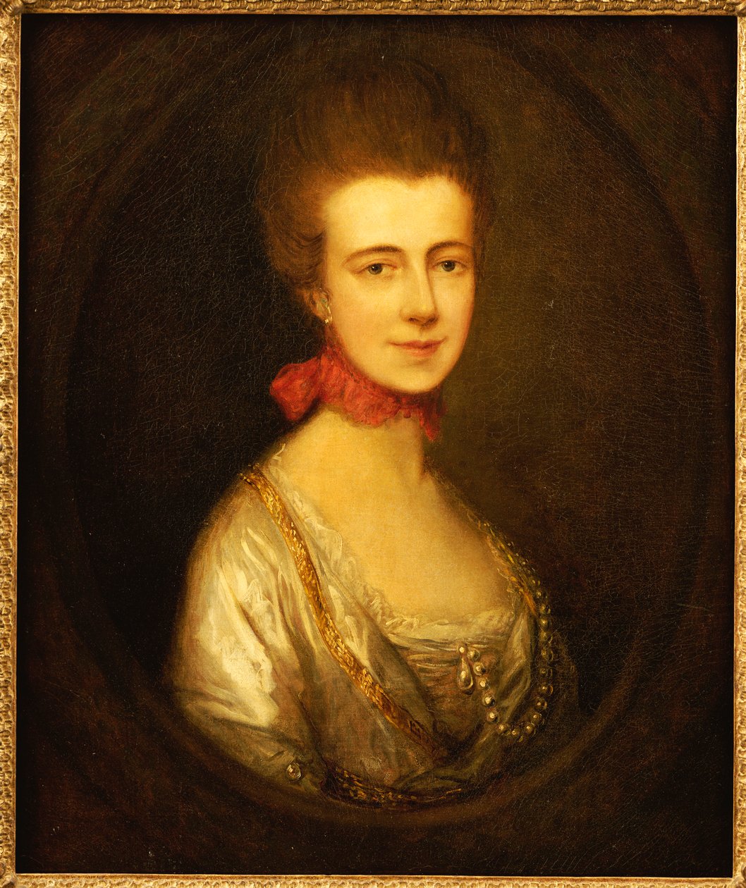 Portrait of Miss Boone, wearing a white dress with gold embroidery and pearl chain, a red ribbon around her neck by Thomas Gainsborough