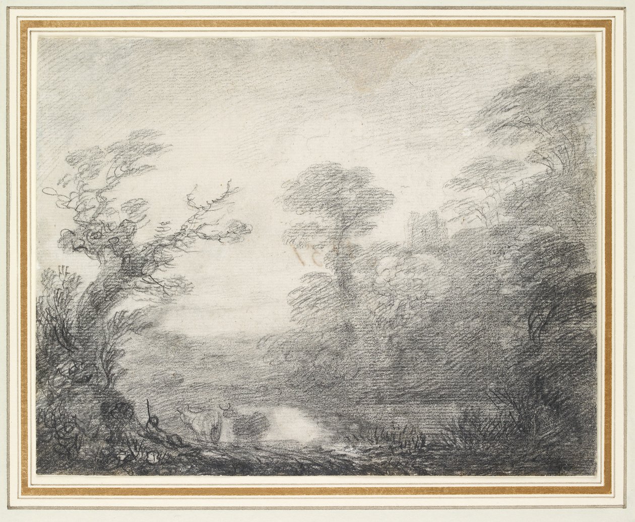 Wooded Landscape with Herdsman, Cows and Church Tower by Thomas Gainsborough