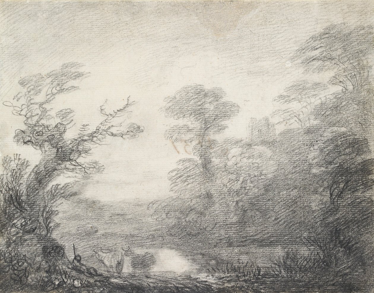 Wooded landscape with herdsman, cows and church tower by Thomas Gainsborough