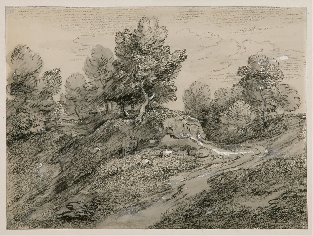 Wooded Upland Landscape with Shepherd and Sheep and Country Track Winding Around a Knoll by Thomas Gainsborough