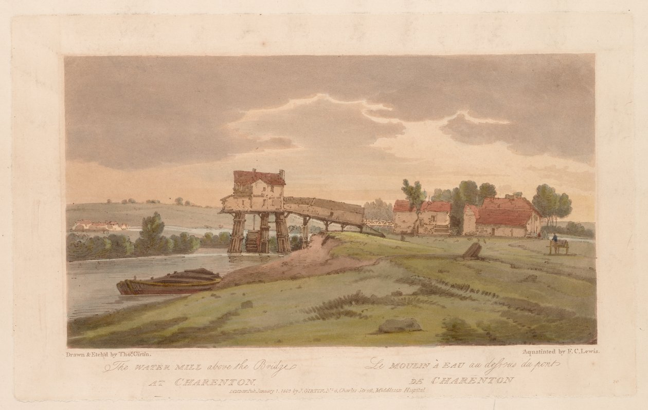 A Selection of Twenty of the Most Picturesque Views in Paris: The Water Mill above the Bridge at Charenton by Thomas Girtin