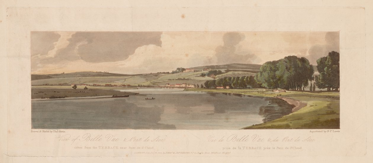 A Selection of Twenty of the Most Picturesque Views in Paris: View of Belle Vue & Pont de Sève taken from the Terrace near Pont de St. Cloud by Thomas Girtin