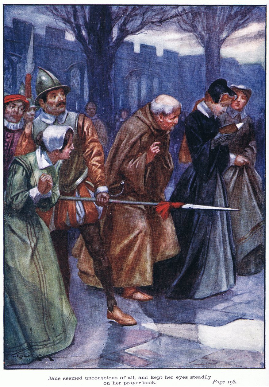 Jane seemed unconscious of all, and kept her eyes steadily on her prayer book by Thomas Heath Robinson