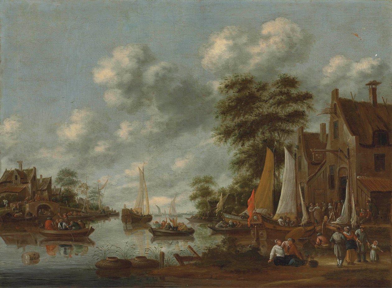 River Landscape with Ferry Boats and Other Vessels, Figures Disembarking by an Inn by Thomas Heeremans