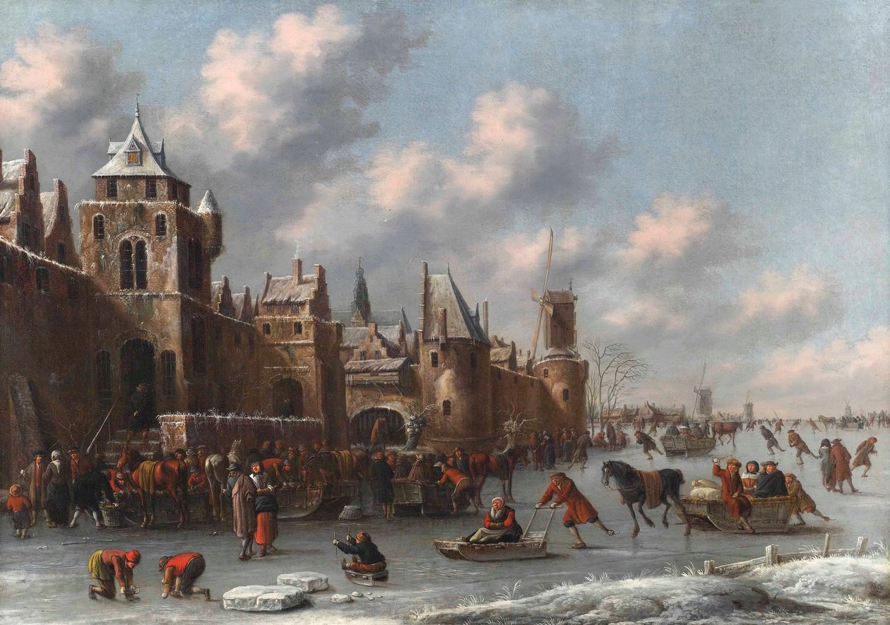 Winter Landscape with Figures Skating and Sledging on a Frozen Moat by a Fortified Town by Thomas Heeremans