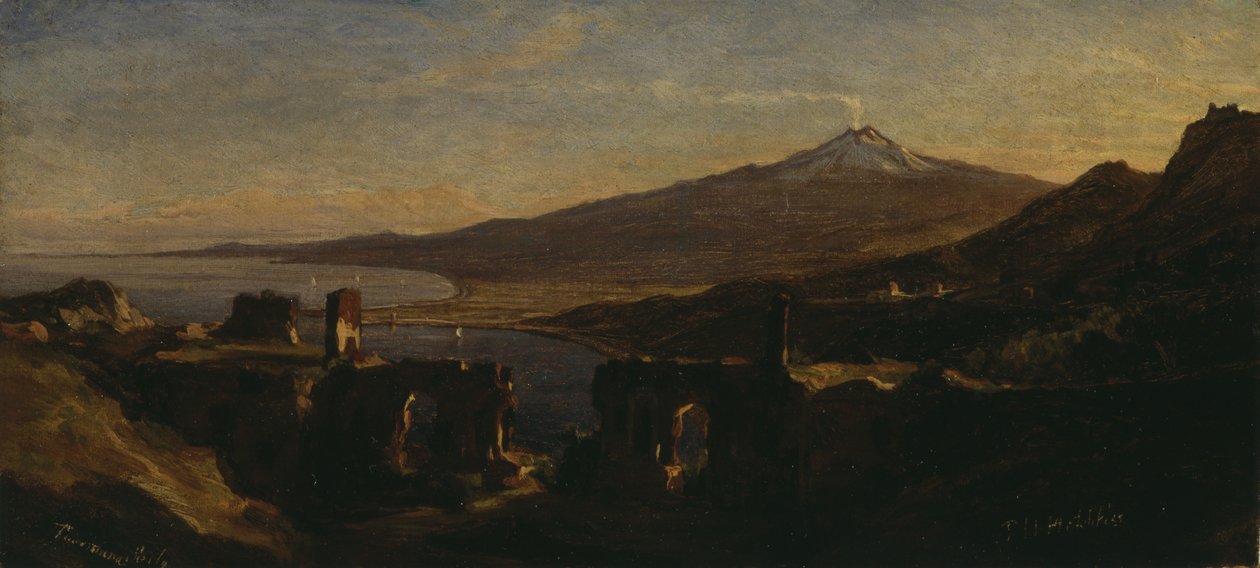 View from the Ruins of the Greek Theater at Taormina, Sicily, with Mount Etna (Smoking) by Thomas Hiram Hotchkiss