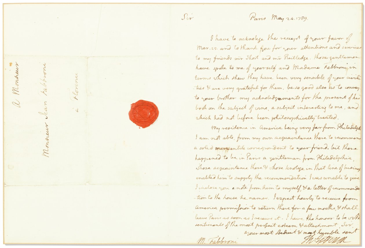 Autograph Letter Signed as United States Ambassador to France, to Giovanni Fabbroni, Paris, 24 May 1789 by Thomas Jefferson