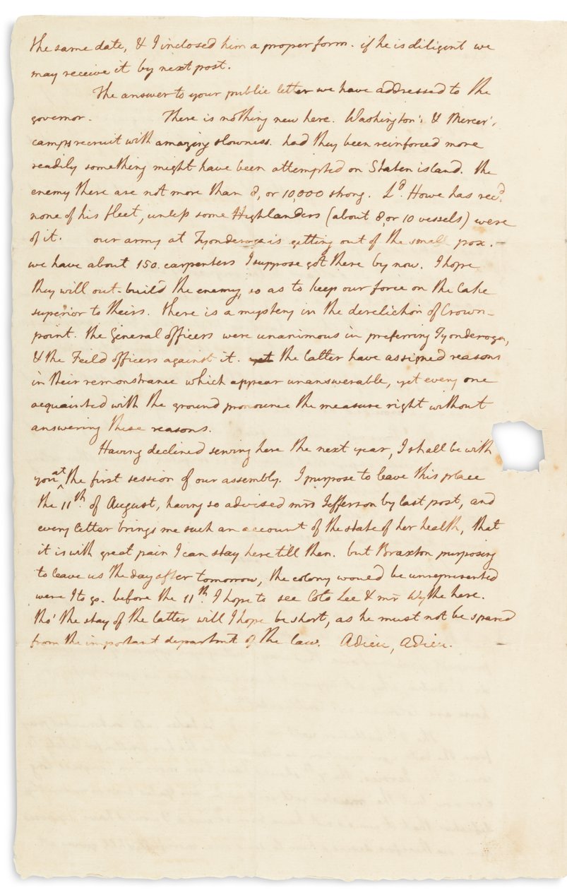 Autograph letter to John Page, Philadelphia, 30 July 1776 by Thomas Jefferson