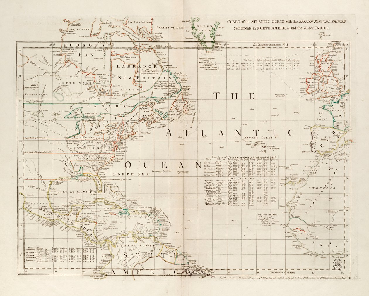 Chart of the Atlantic Ocean, with the British, French & Spanish settlements in North America and the West Indies by Thomas Jefferys