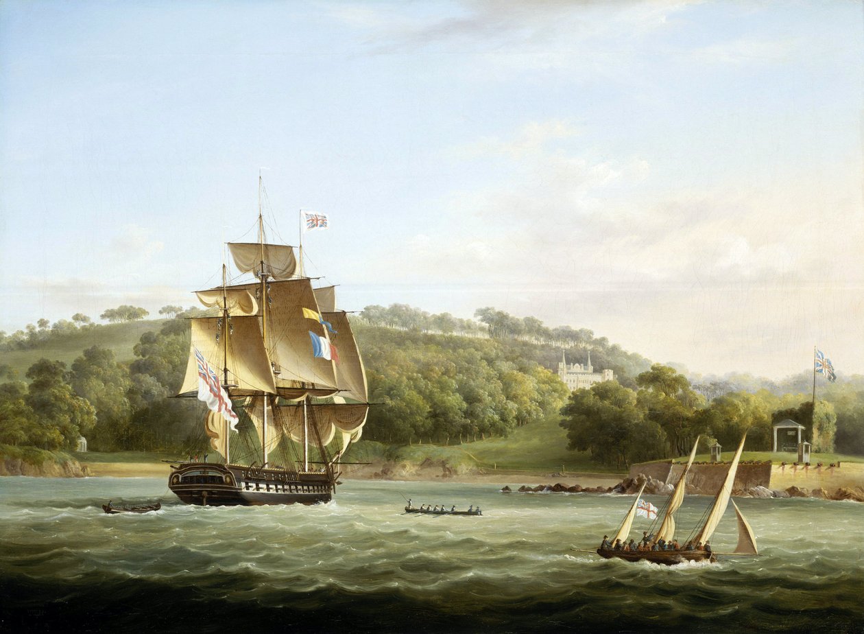 A royal frigate and other ships in Barn Bay off Plymouth, in front of Mount Edgcumbe by Thomas L. Hornbrook
