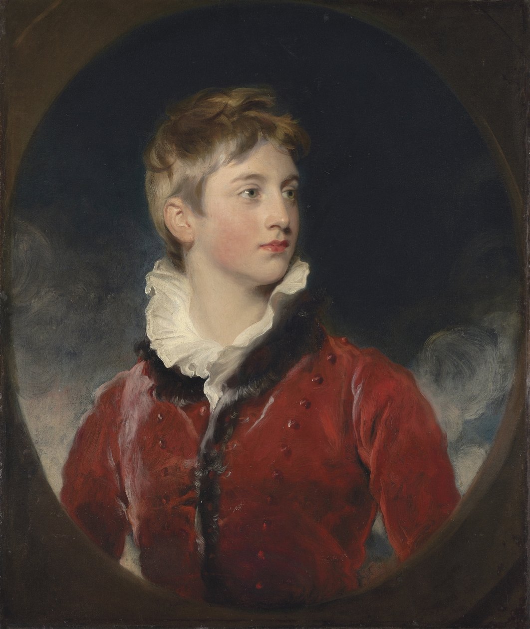 Portrait of Frederick William Stewart, 4th Marquess of Londonderry, K.P., M.P. (1805-1872) When a Boy, Half-Length, in a Red Coat, in a Feigned Oval by Thomas Lawrence