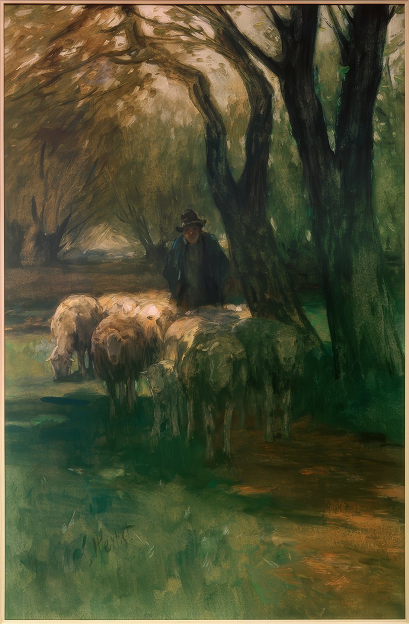 Flock of Sheep under Trees by Thomas Ludwig Herbst
