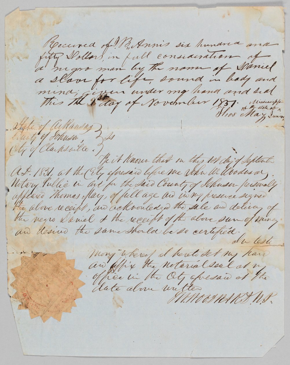 Bill of Sale for a Man Named Daniel to Jerome B. Annis by Thomas May