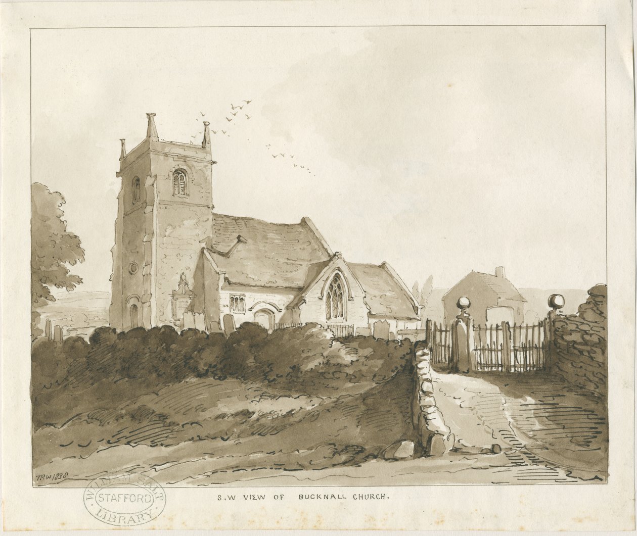 Bucknall Church: Sepia Drawing by Thomas Peploe Wood