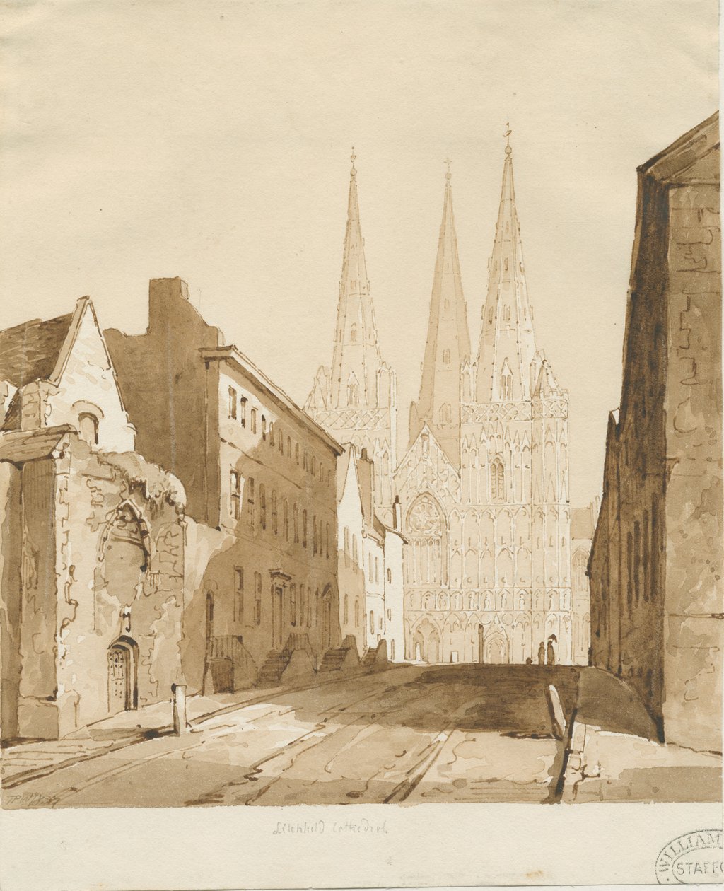 Lichfield Cathedral: red-sepia drawing by Thomas Peploe Wood