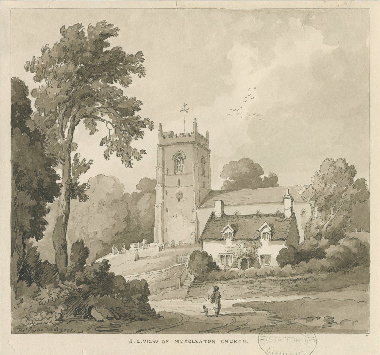 Mucklestone Church: sepia wash drawing by Thomas Peploe Wood