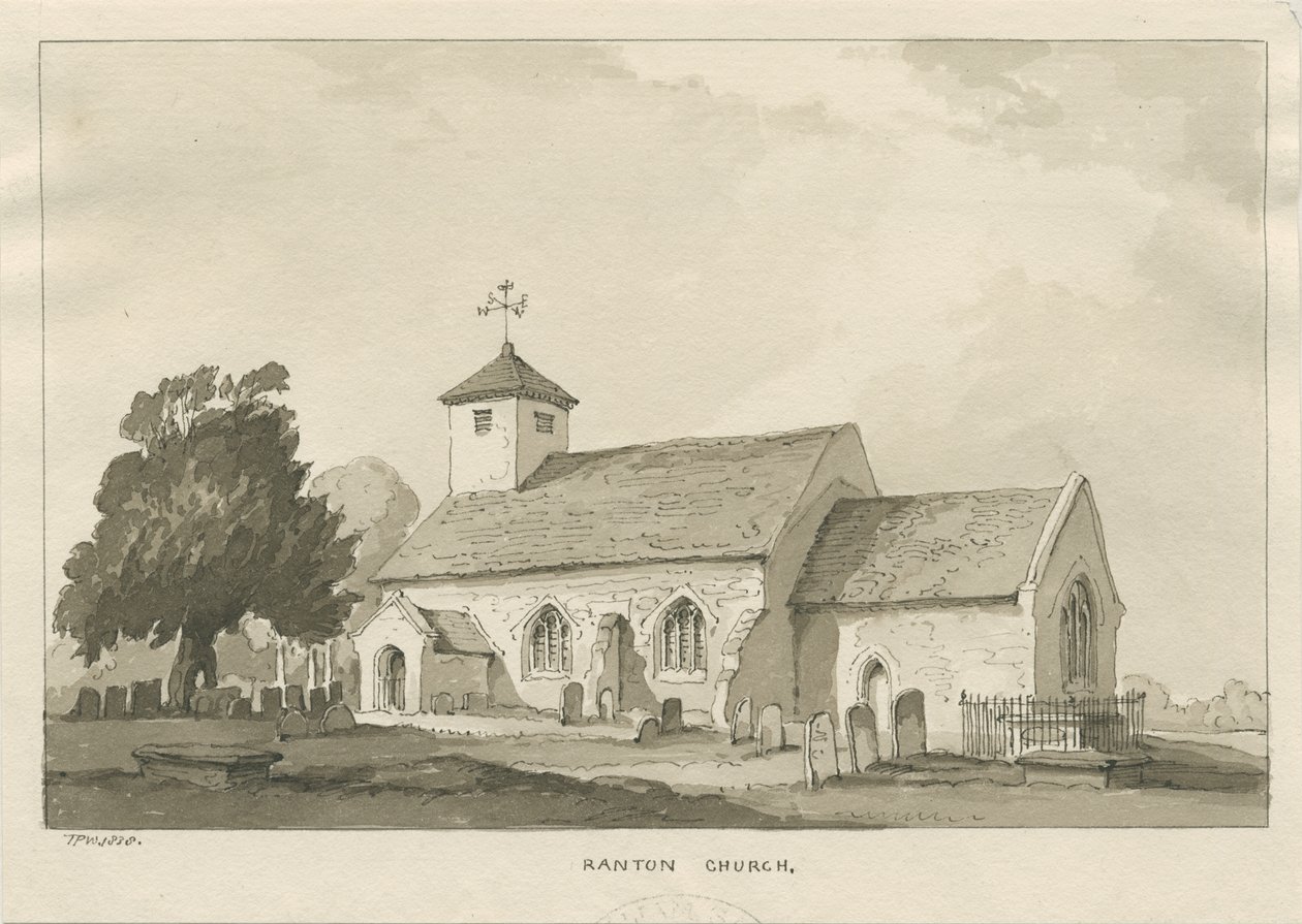Ranton Church: Sepia Drawing by Thomas Peploe Wood