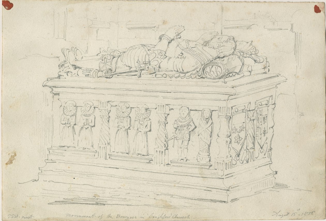 Seighford Church - Tomb of William and Mercy Bowyer: pencil drawing by Thomas Peploe Wood