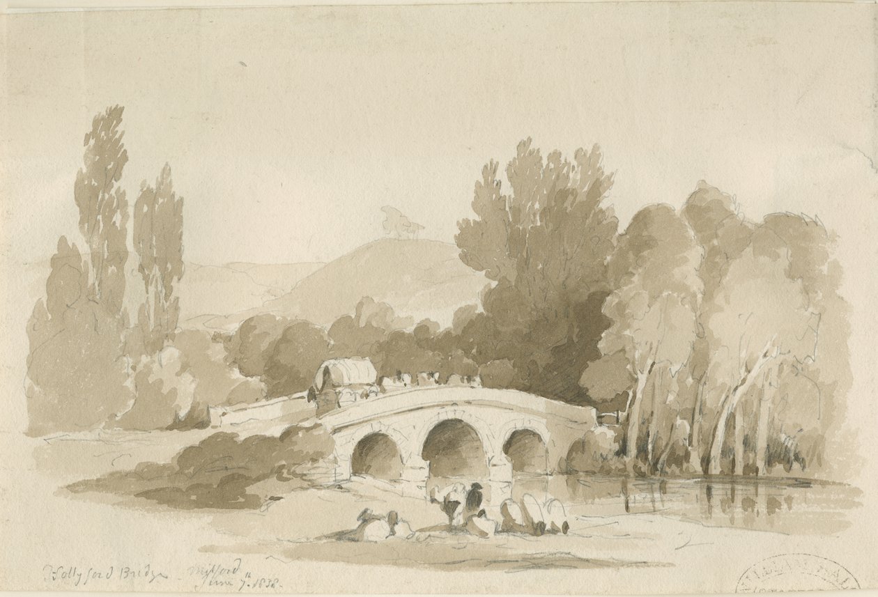 Stafford - Hollyford Bridge, Milford: sepia drawing, 7 Jun 1838 by Thomas Peploe Wood