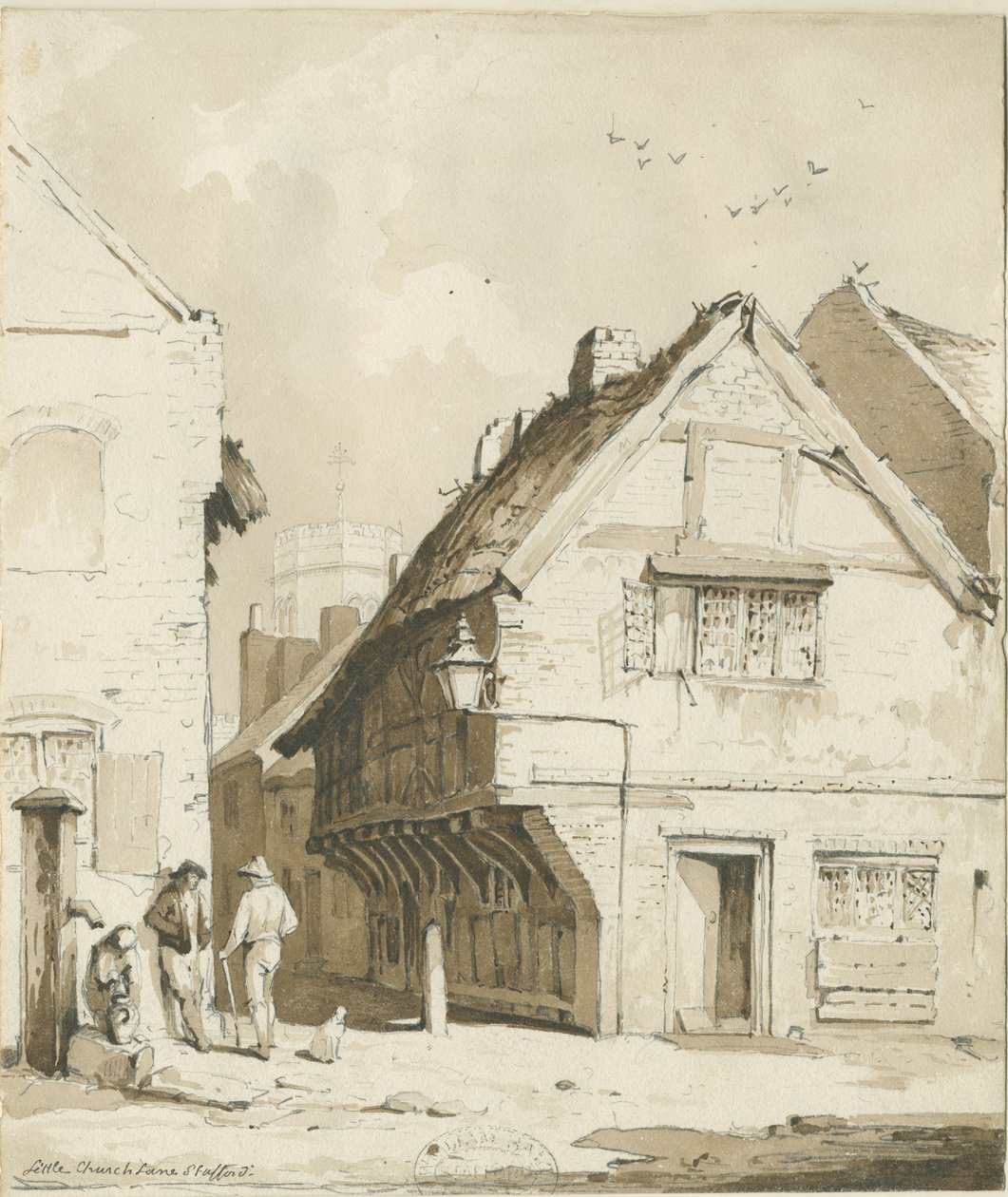 Stafford - Little Church Lane (sepia drawing), nd [c 1837] by Thomas Peploe Wood