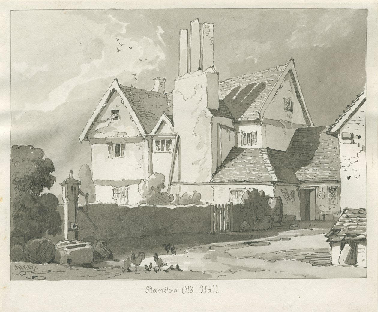 Standon Hall: Sepia Drawing by Thomas Peploe Wood