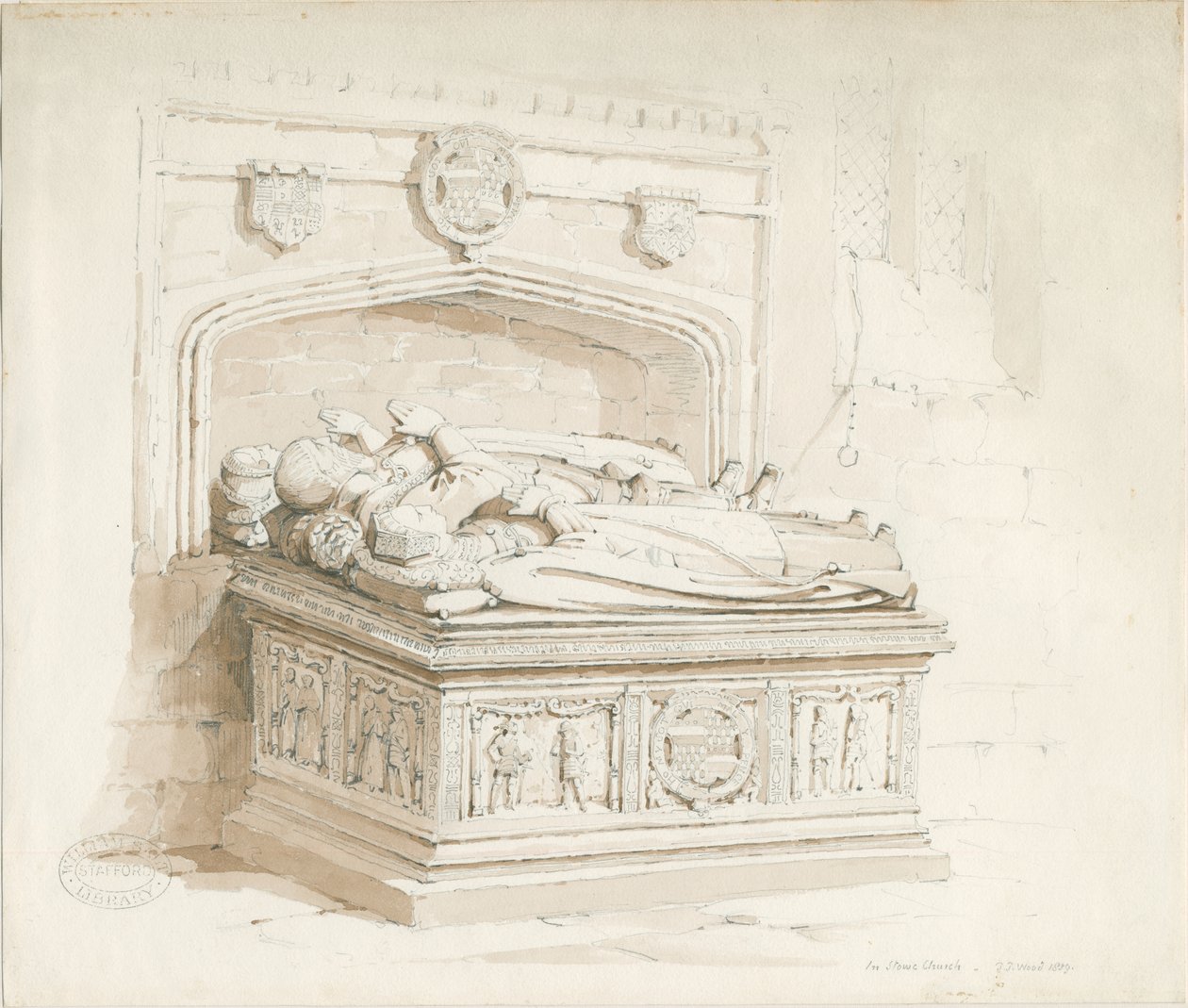 Stowe Church - Table tomb [of Sir Walter Devereux]: sepia drawing by Thomas Peploe Wood
