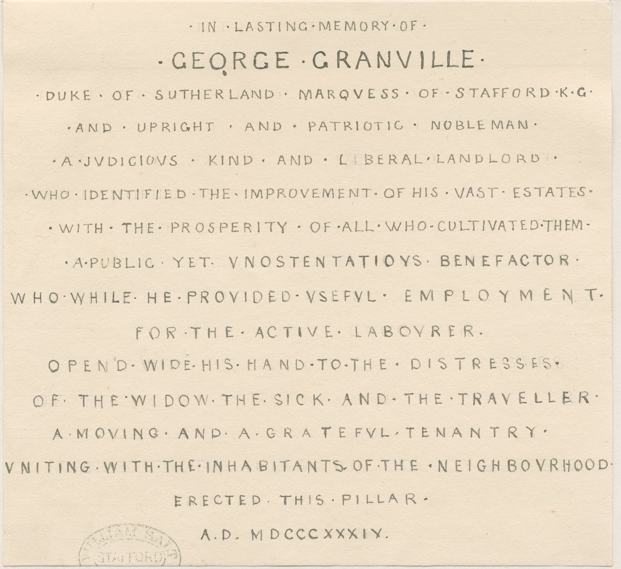 Trentham - Inscription on Monument to Duke of Sutherland by Thomas Peploe Wood