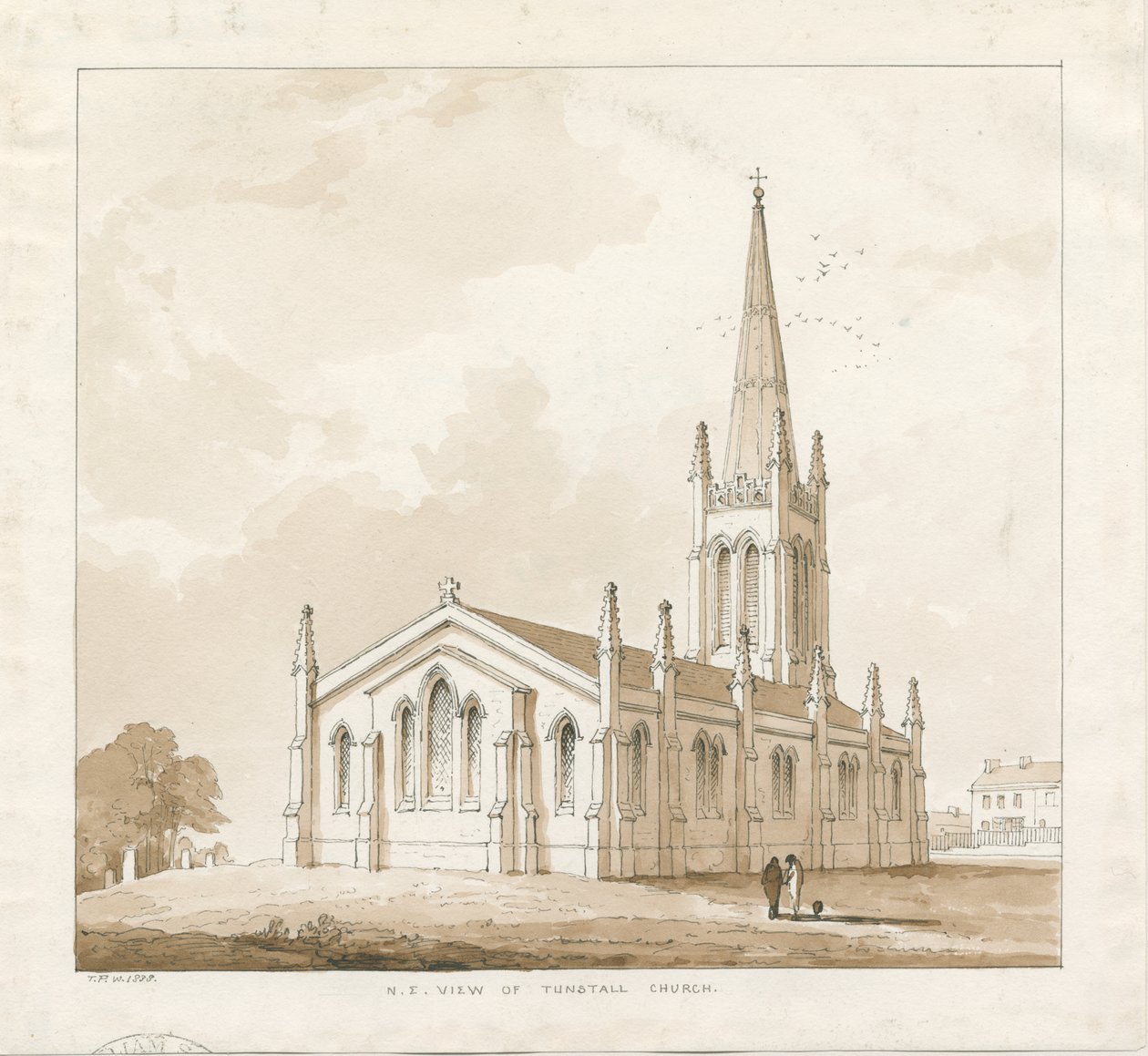 Tunstall Church (pen and wash drawing, 1838) by Thomas Peploe Wood