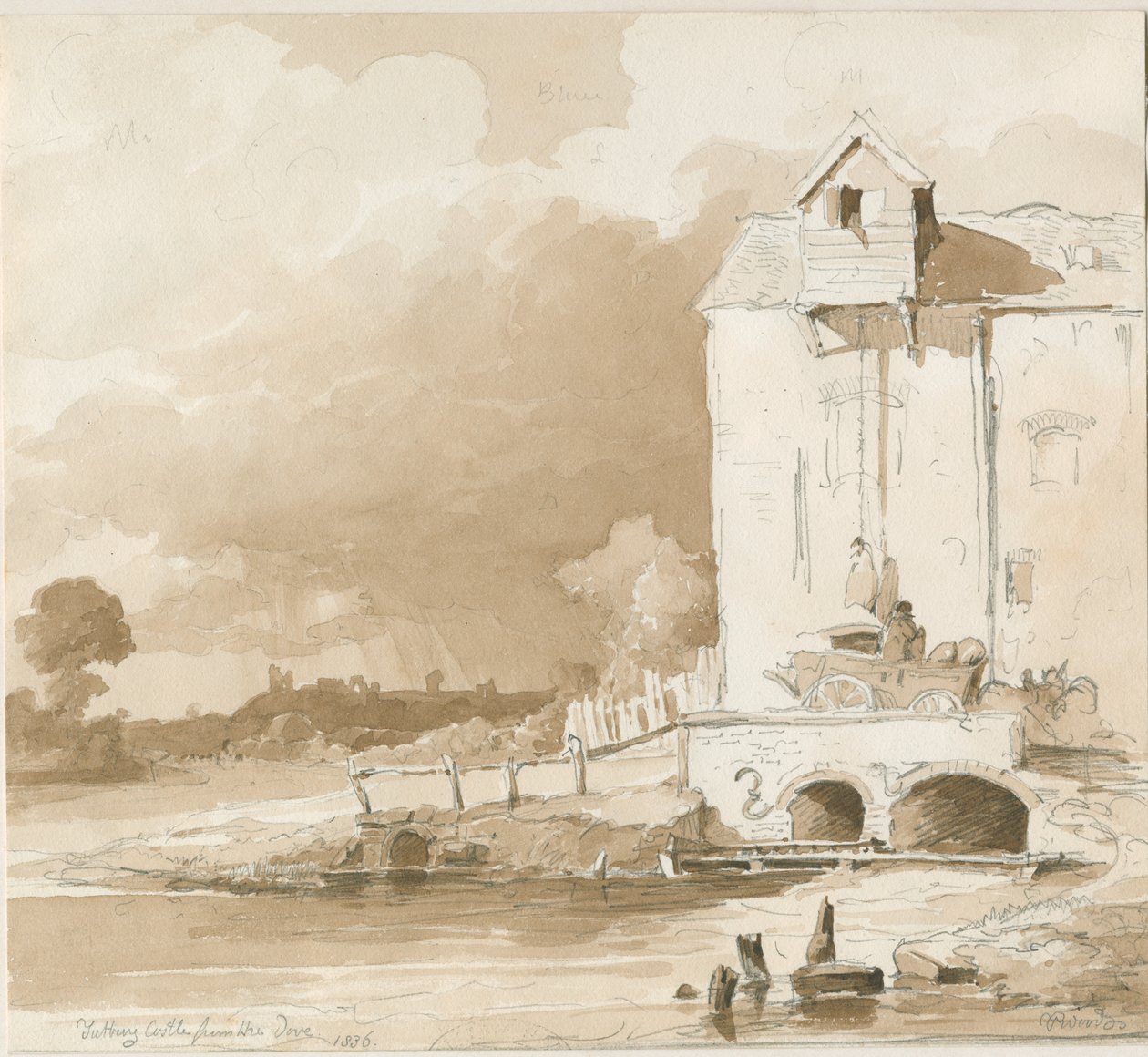 Tutbury Castle: Distant view from the River Dove: pencil and wash drawing, 1836 by Thomas Peploe Wood
