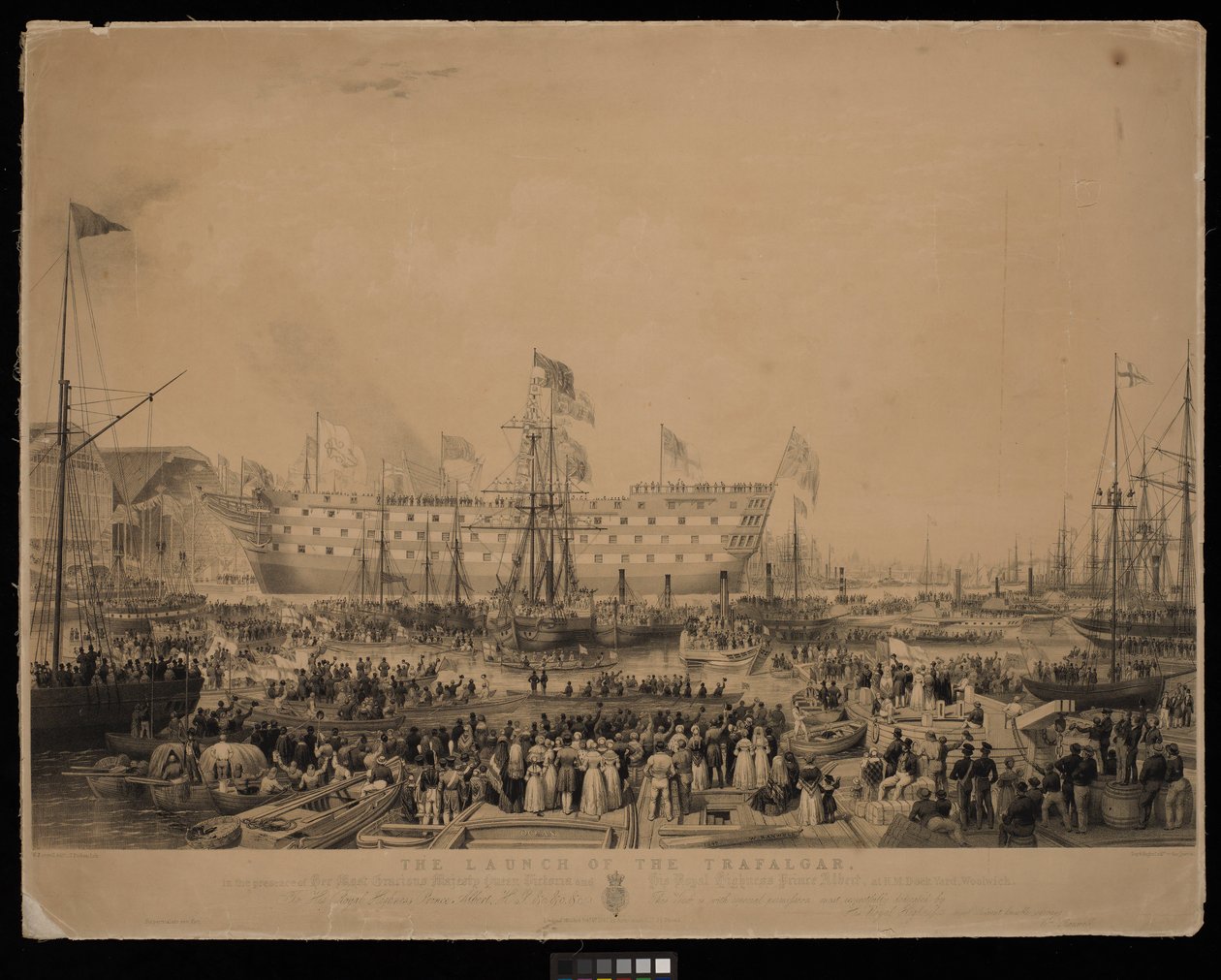 The Launch of the Trafalgar, in the presence of Her Most Gracious Majesty Queen Victoria and His Royal Highness Prince Albert, at H.M.Dock Yard, Woolwich by Thomas Picken