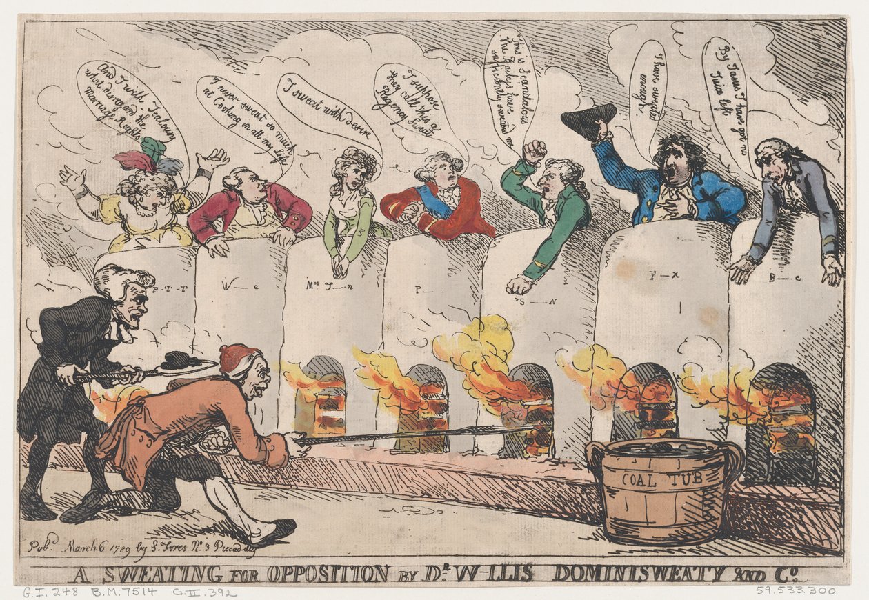 A Sweating for Opposition by Dr. W-llis Dominisweaty and Co., March 6, 1789 by Thomas Rowlandson