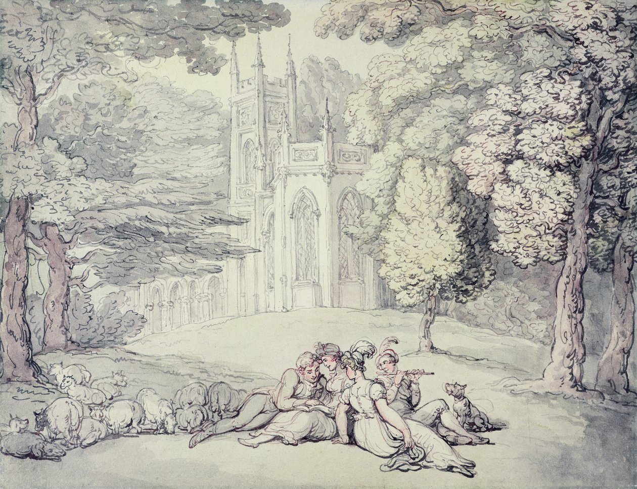 A college green with a group of damsels and young gentlemen in the foreground by Thomas Rowlandson