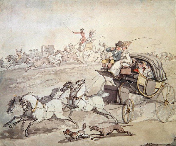Carriages and Riders at Full Speed Across Open Grassland, c.1800 by Thomas Rowlandson