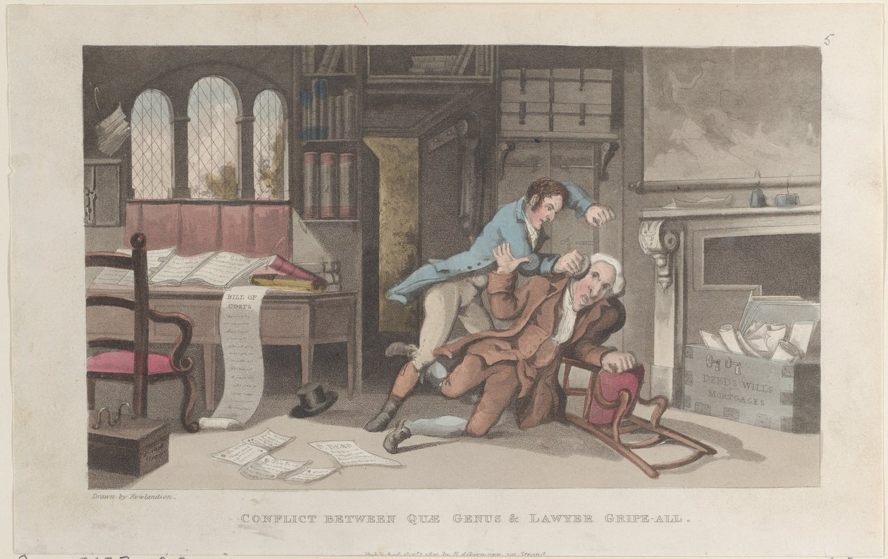 Conflict Between Quae Genus and Lawyer Gripe-all, from The History of Johnny Q, October 1, 1821 by Thomas Rowlandson