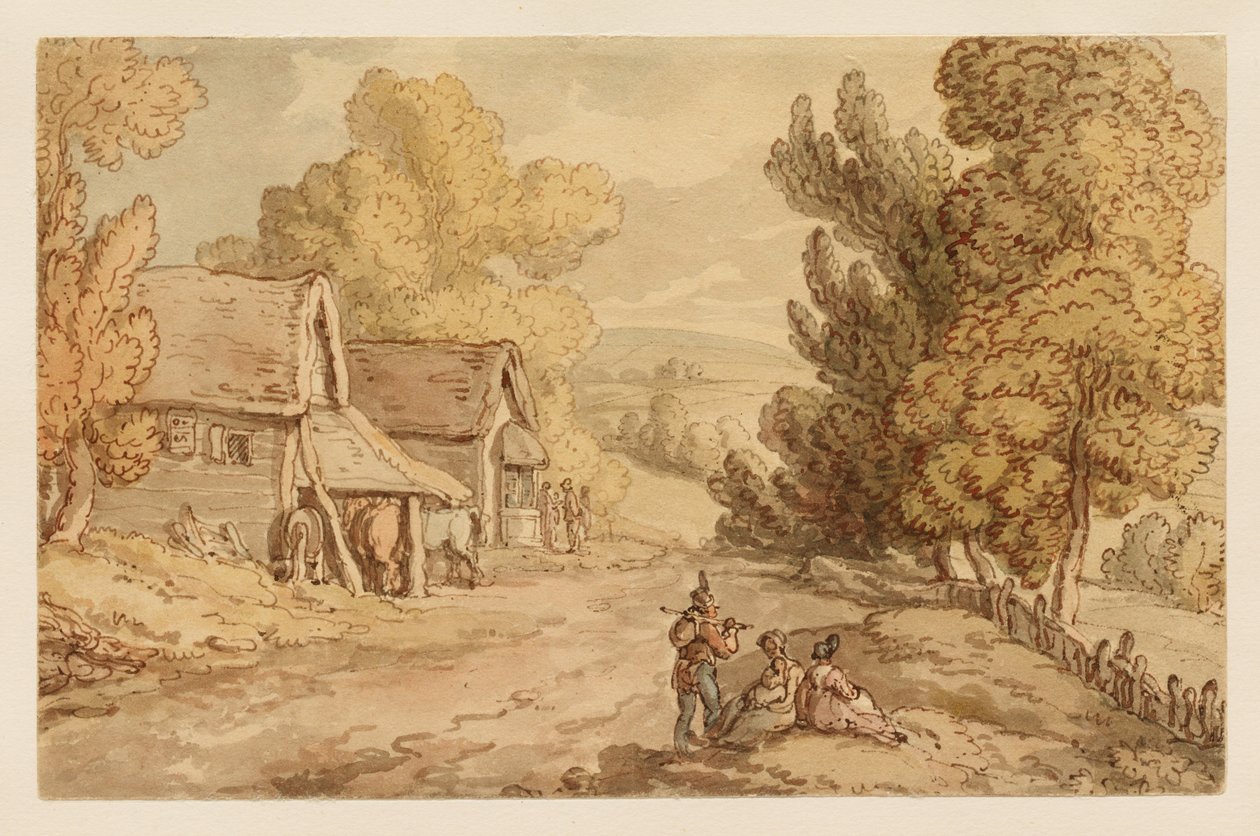 Cottage and Barn with Figures Resting by the Side of a Country Road by Thomas Rowlandson
