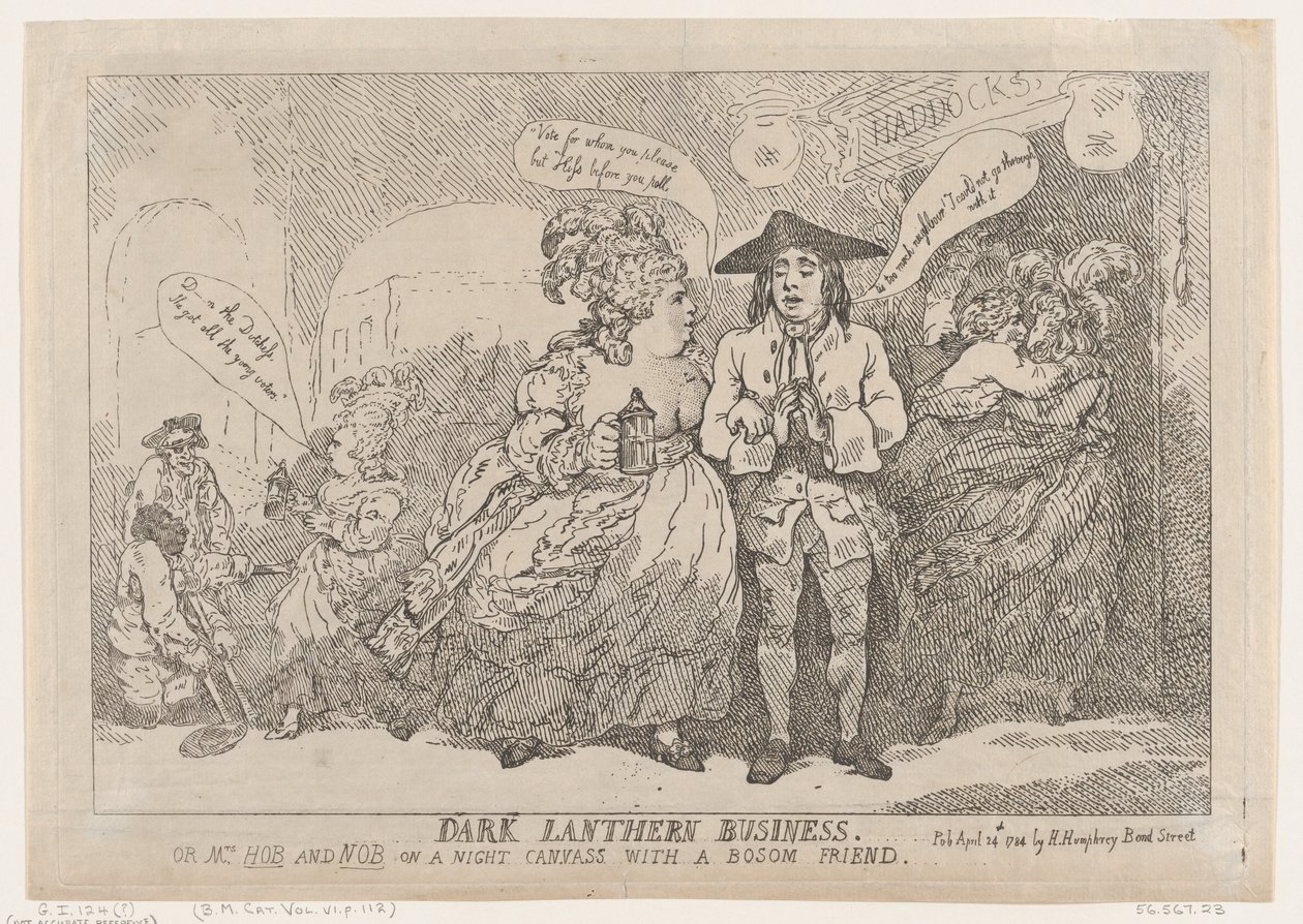 Dark Lanthern Business, or, Mrs. Hob and Nob On a Night Canvass With a Bosom Friend by Thomas Rowlandson