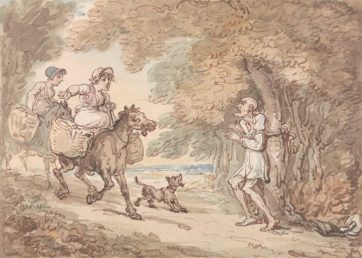 Dr. Syntax Bound to a Tree by Highwaymen by Thomas Rowlandson