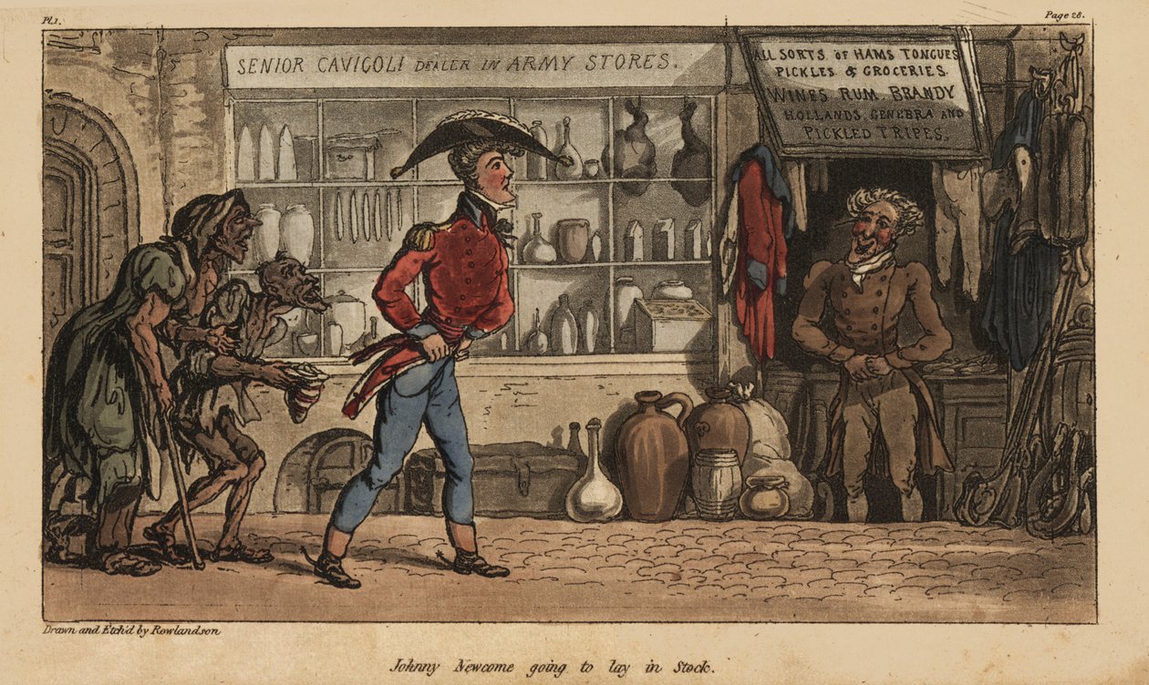 Ensign Johnny Newcome buying overpriced supplies from Senor Cavigole
