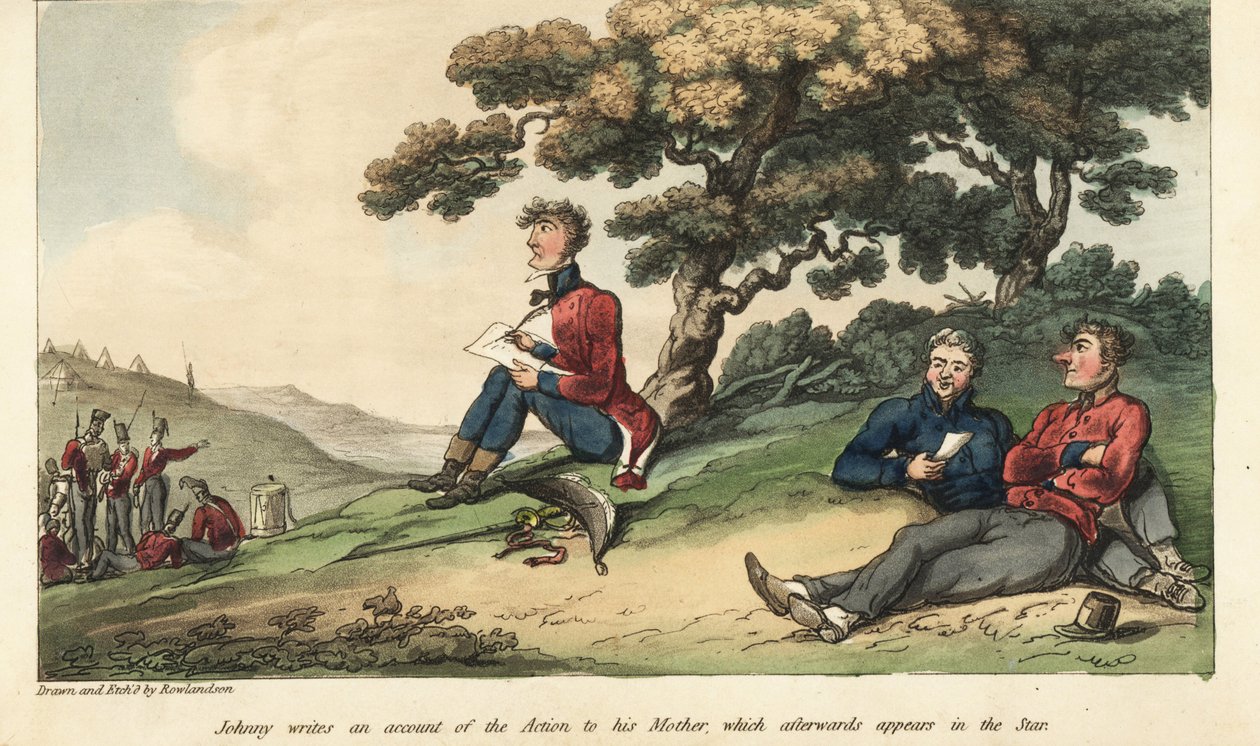 Ensign Johnny Newcome writing a letter to his mother describing the Battle of Salamanca by Thomas Rowlandson