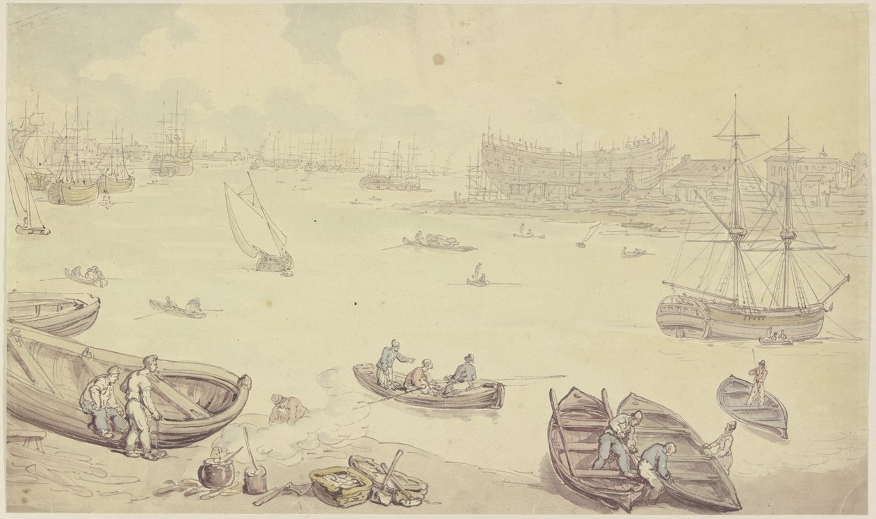 River with Many Ships and a Shipyard by Thomas Rowlandson