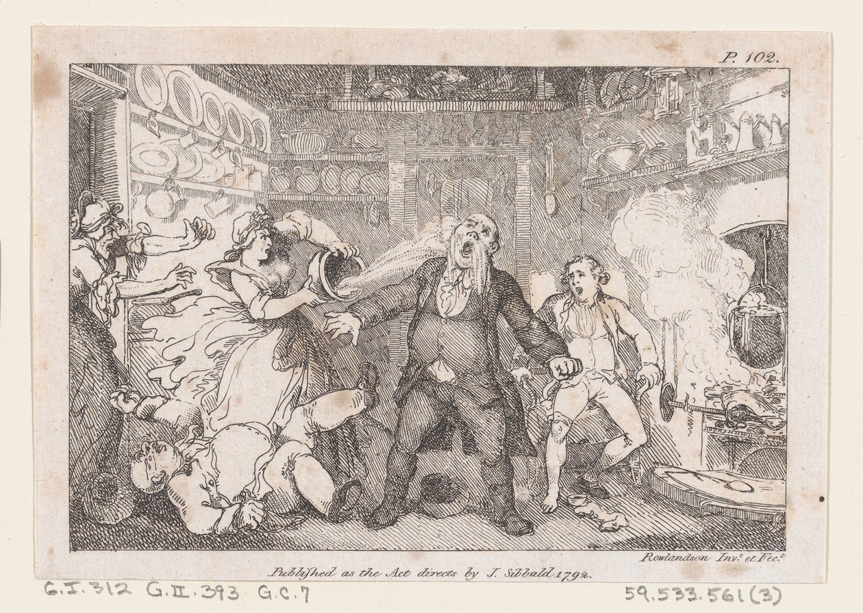 Hostess Discharges a Pan of Blood into the Face of Parson Andrews, from The Adventures of..., 1792 by Thomas Rowlandson