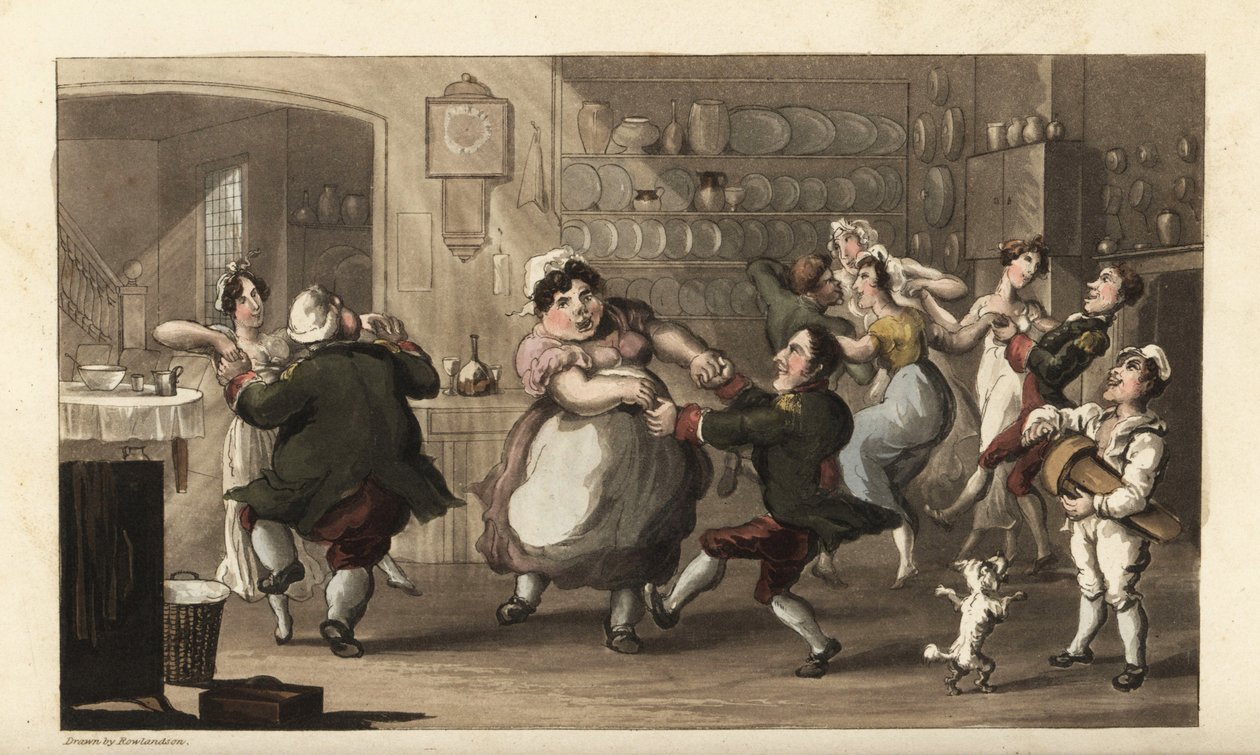 Johnny dancing at a secret party with other servants in the kitchen by Thomas Rowlandson