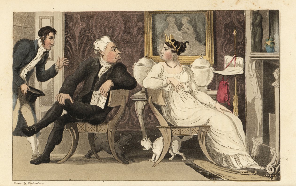 Johnny Interrupts an Argument Between Guests at a Party in a Regency Parlour by Thomas Rowlandson
