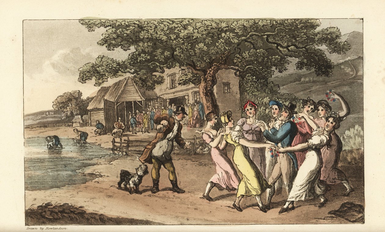 Johnny Playing His Flute at a Sheep-shearing Festival, Surrounded by Dancing Country Girls by Thomas Rowlandson