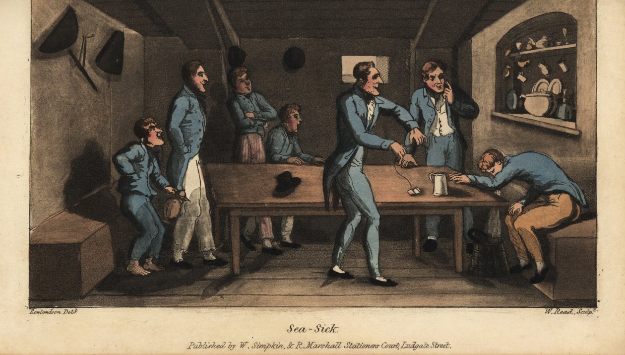 Johnny vomits into a bucket in the cabin as his ship sets sail. Another officer proposes a remedy of salt water and a piece of salt pork on a string. Handcoloured copperplate engraving by W. Read after an illustration by Thomas Rowlandson from Alfred Burto by Thomas Rowlandson