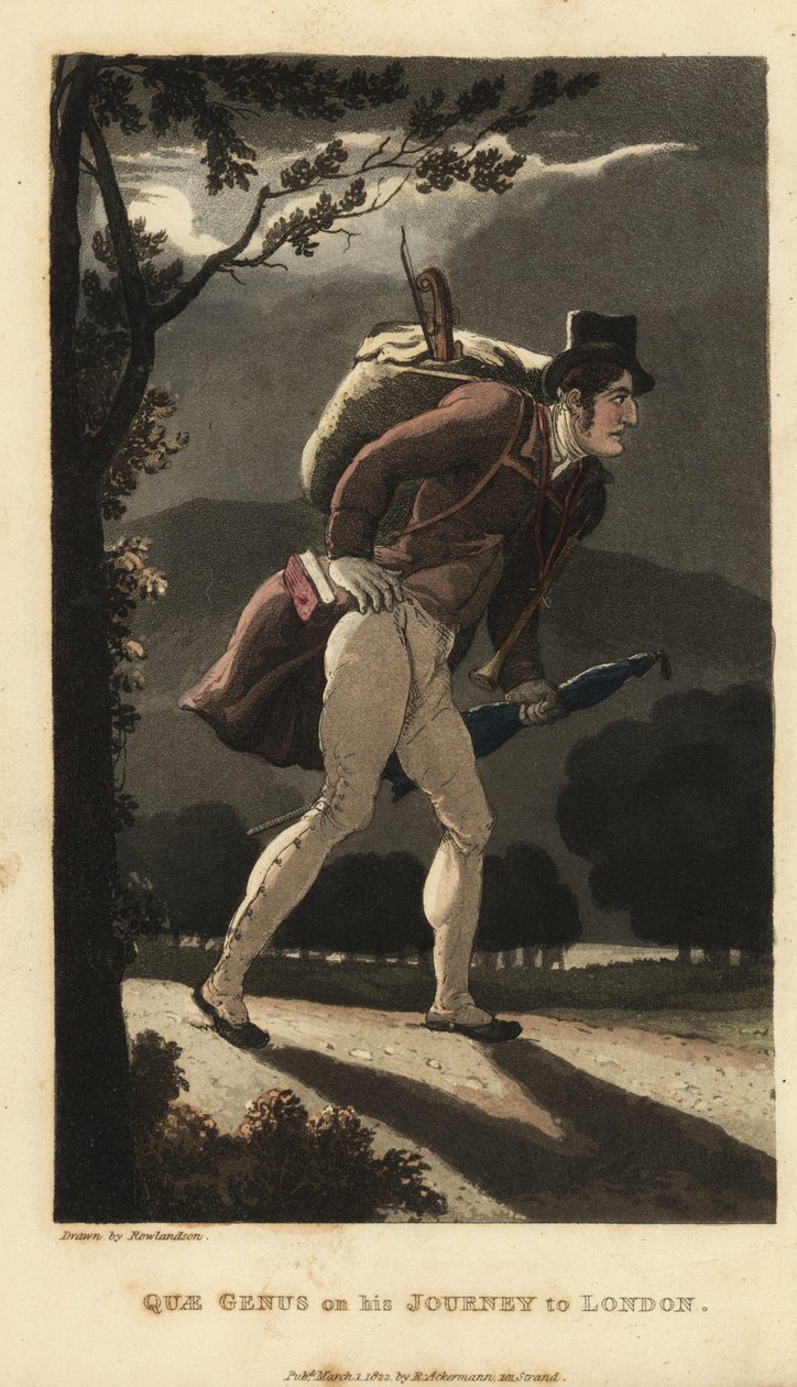 Johnny Walking on the Moonlit Road to London. He has a Backpack with Violin, a Book in his Coat Pocket, and Carries an Umbrella. Handcoloured Copperplate Engraving by Thomas Rowlandson from William Combe